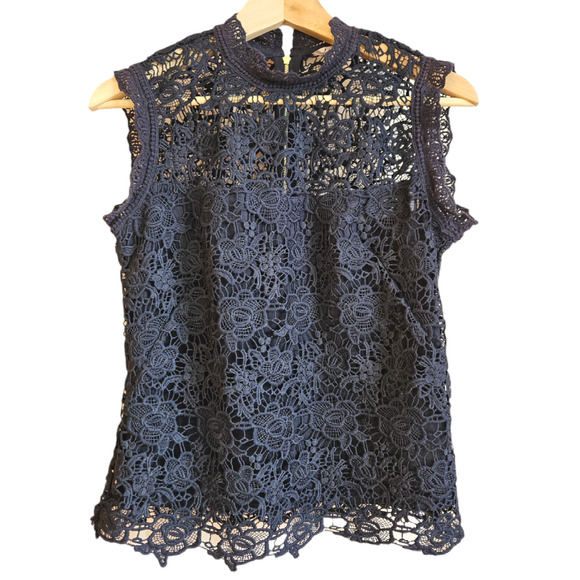 Nanette Lepore Crochet Lace Top High Neck Sleeveless Navy Women's Small - Picture 1 of 9